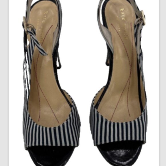 Kate Spade Slingback Heels Sz 6.5 B Black White Pinstripe Made in Italy - Picture 5 of 11